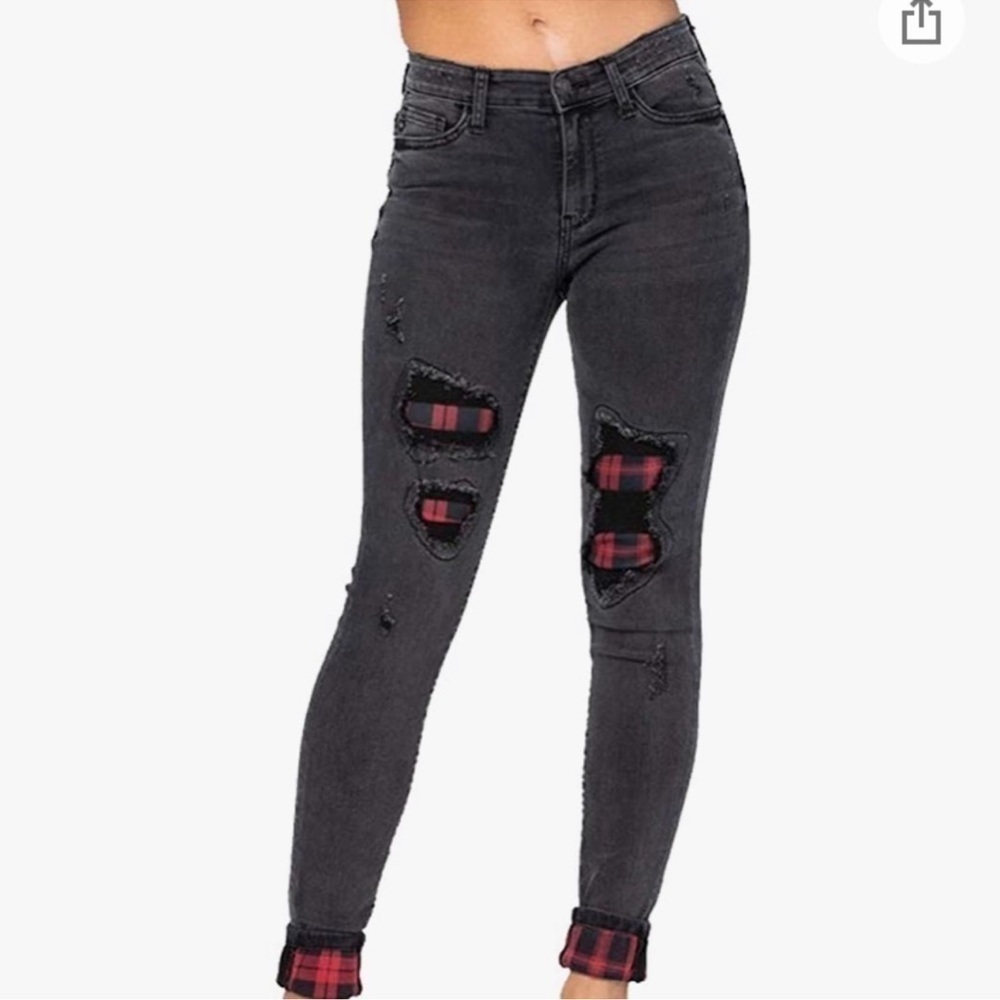 Judy Blue Distressed Black Skinny Jeans Plaid Buffalo Red Lined Size 31 Women’s